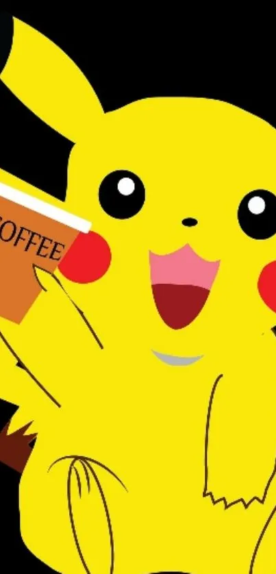 Cute Pikachu holding a coffee cup on a yellow background.