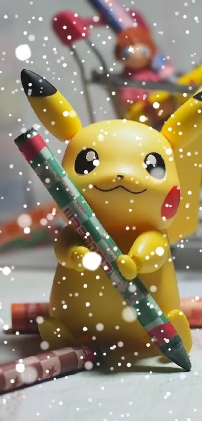 Pikachu holding a crayon surrounded by colorful toys and crayons.