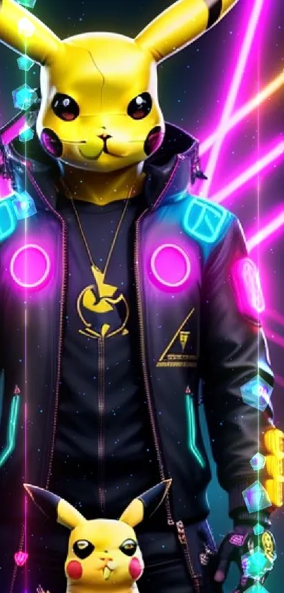 Pikachu in cyberpunk style with neon lights and futuristic elements.