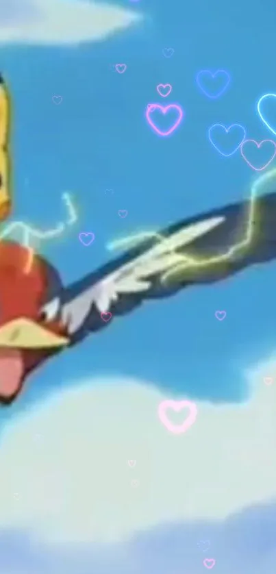 Pikachu flying through clouds with lightning and hearts in the sky.