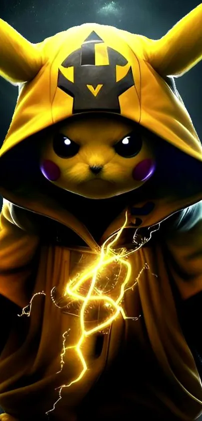 Pikachu in a yellow hooded jacket with glowing lightning effect.