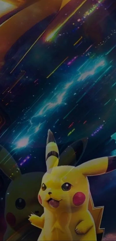 Pikachu in a vibrant galaxy-themed mobile wallpaper.