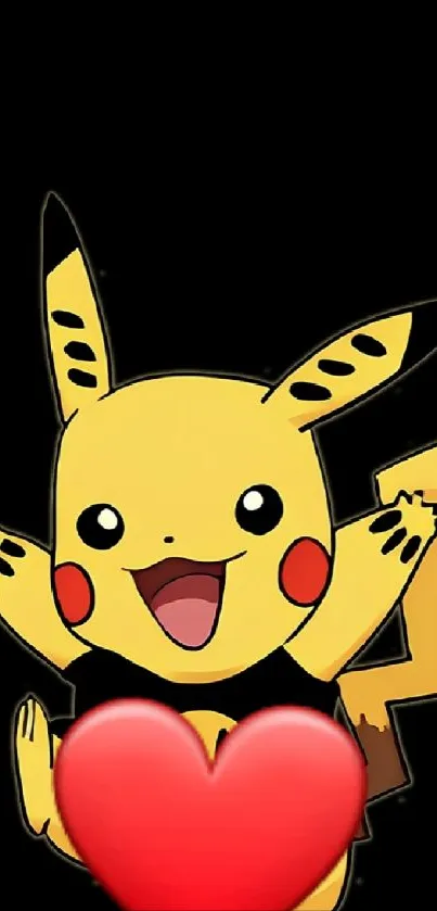 Cute Pikachu holding a heart on a black background wallpaper.