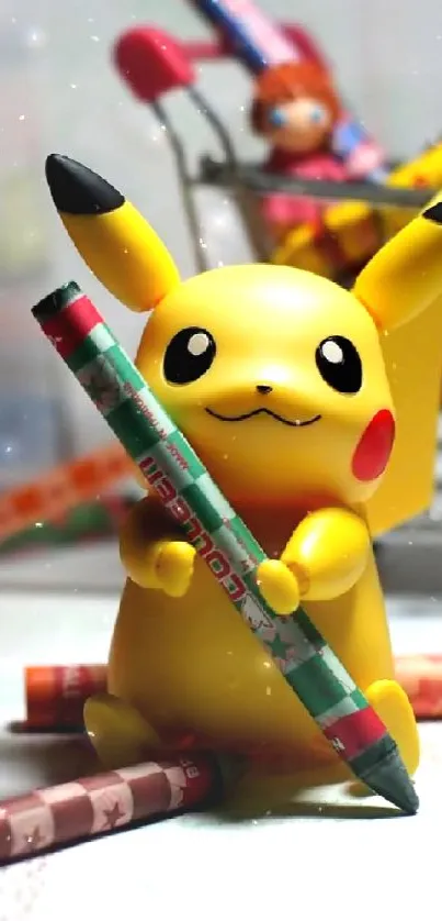 Pikachu holding a crayon amidst colorful art supplies.