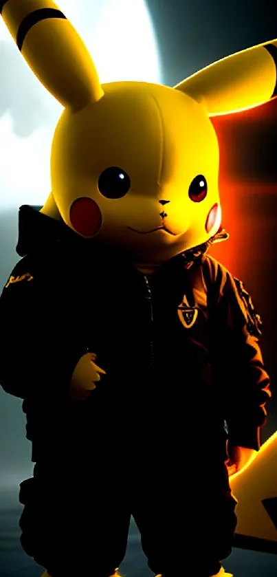 Pikachu in a hooded jacket with a moonlit background.