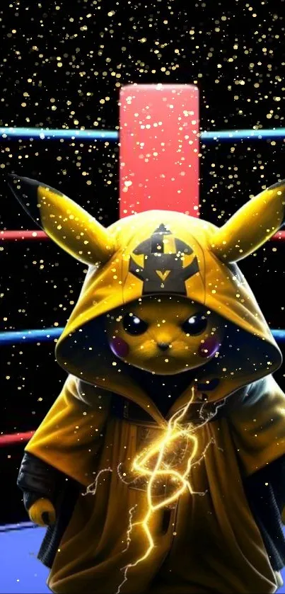 Pikachu wearing a hoodie with electric sparks in a boxing ring.