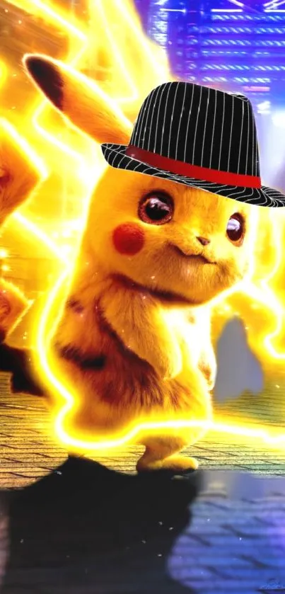 Pikachu with hat in neon street wallpaper with electric vibe.