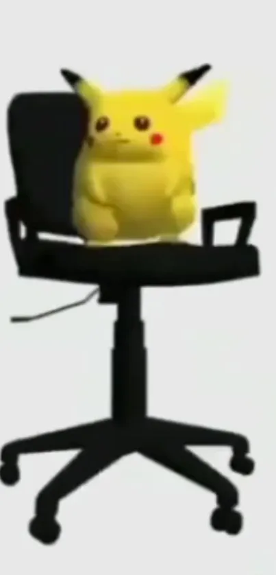 Pikachu sitting on a black office chair with a white background.