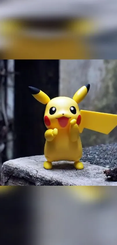 Pikachu statue on a rustic outdoor surface.