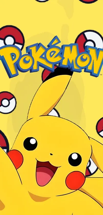 Pikachu on yellow background with Pokeballs, vibrant phone wallpaper.