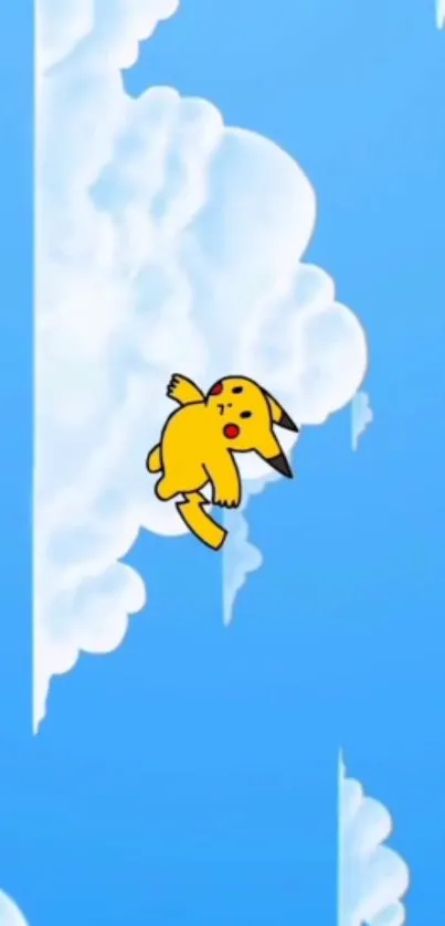 Pikachu flying through blue sky with clouds in vibrant wallpaper.