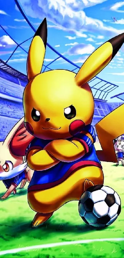 Pikachu in a stadium playing soccer, vibrant mobile wallpaper.