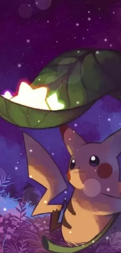 Pikachu sits under a glowing leaf on a starry night.