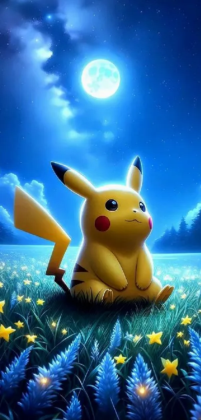 Pikachu sits peacefully under a full moon in a starry field.