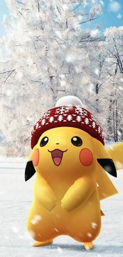 Pikachu wearing a winter hat in snowy forest.