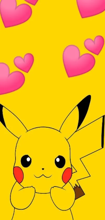 Pikachu with pink hearts on yellow background wallpaper.