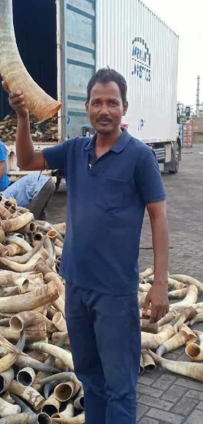 Man amidst piled horns near shipping container.