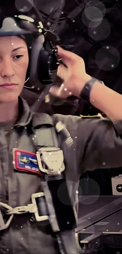 Focused pilot in aviation gear with headset and cockpit background.