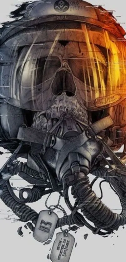 Skull in pilot helmet with fiery glow on mobile wallpaper.