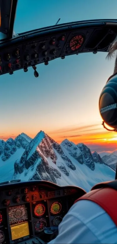 Helicopter pilot's view of mountains during a stunning sunset.