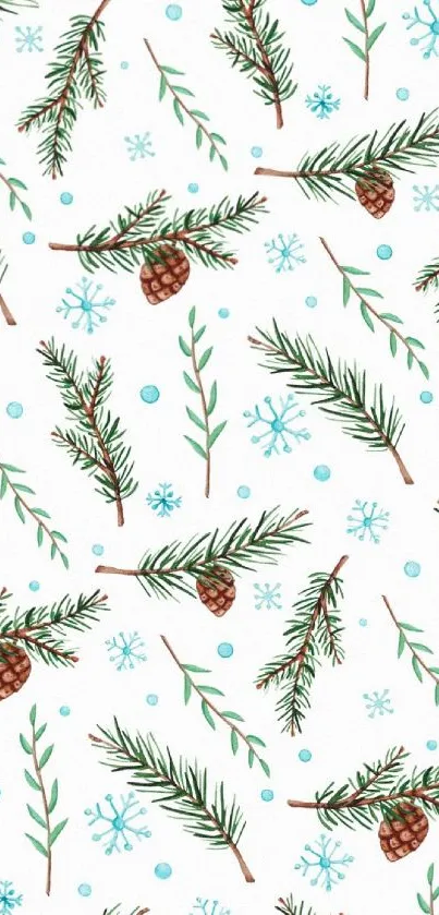 Winter-themed wallpaper with pine branches and snowflakes.