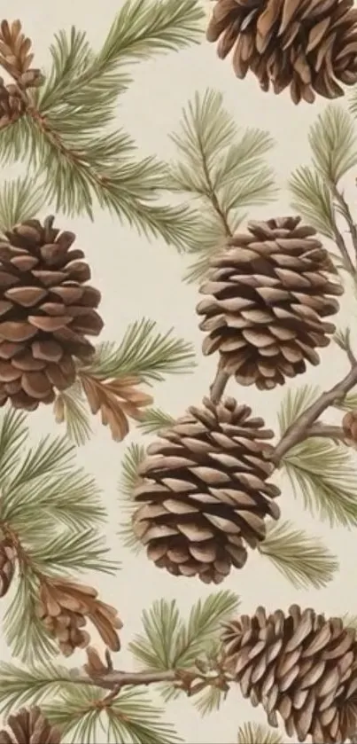Pine cone and branch pattern wallpaper.