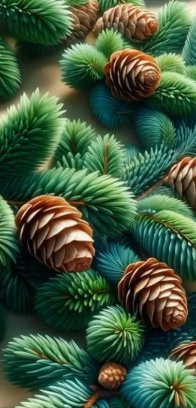Realistic pine cones with green foliage wallpaper.