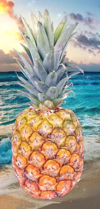 Tropical pineapple on beach at sunset wallpaper.