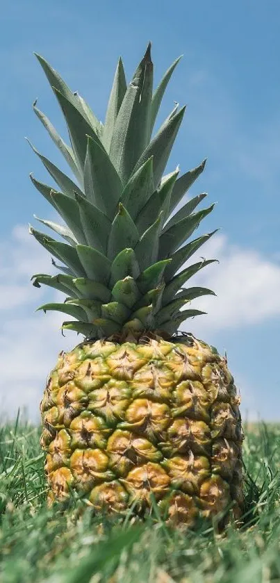 Pineapple on grass against a blue sky with clouds.