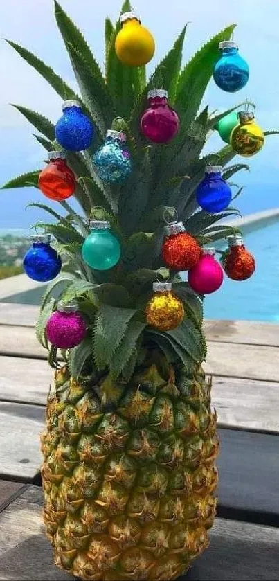 Pineapple with colorful ornaments by a poolside.