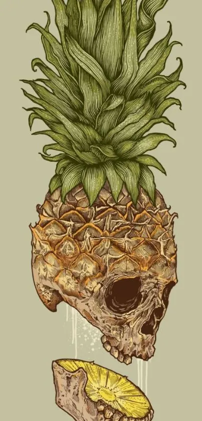 Pineapple skull with artistic flair on a sage green background.