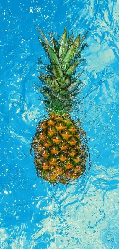 Pineapple submerged in blue water with a splash effect.