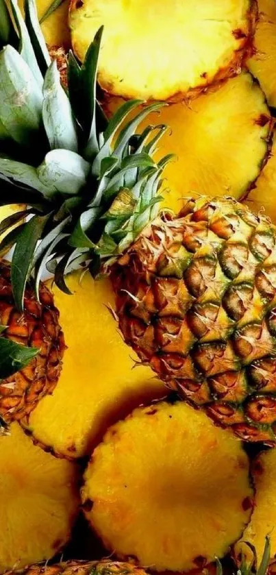 Vibrant pineapple wallpaper with rich yellow hues and green leaves.