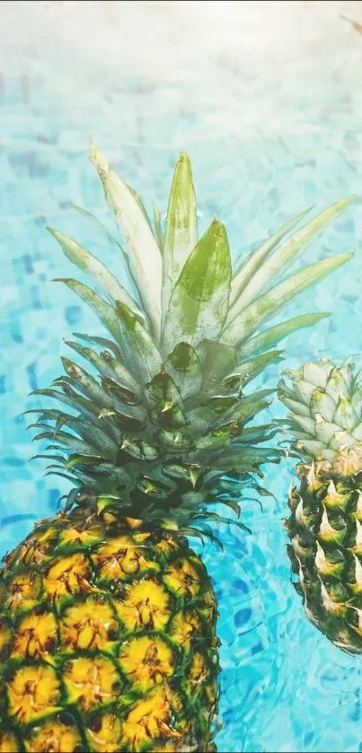 Two pineapples floating in a bright blue pool, creating a tropical vibe.