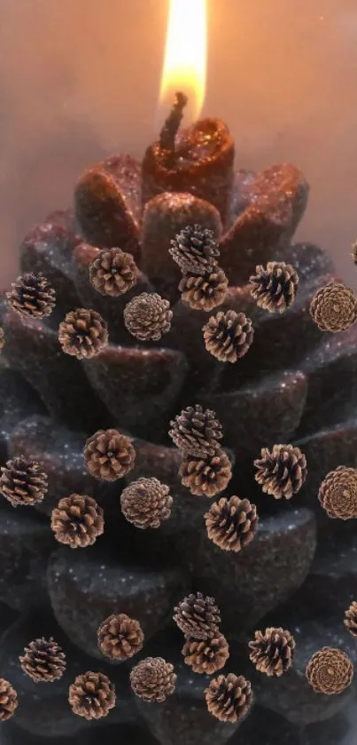 Glowing pinecone candle with scattered pinecones on brown background.