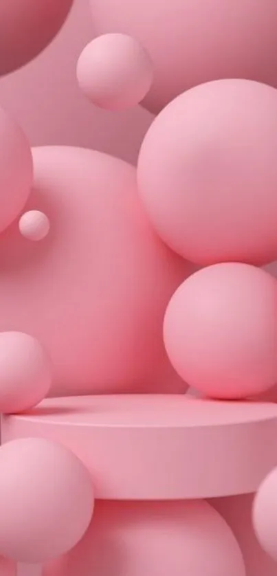 3D abstract pink wallpaper with floating spheres on a mobile phone screen.