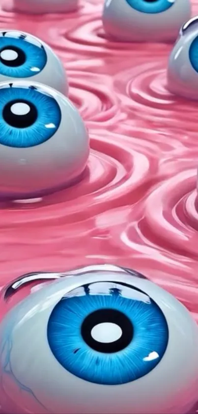 Blue eyeballs on a pink fluid background.