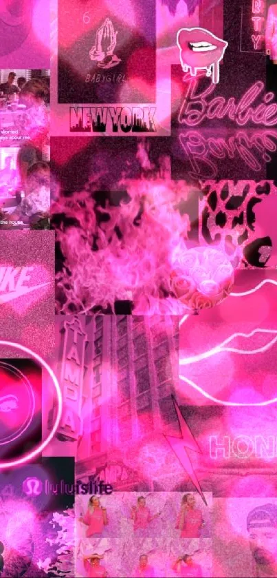 Bright pink aesthetic collage wallpaper with urban and neon elements.
