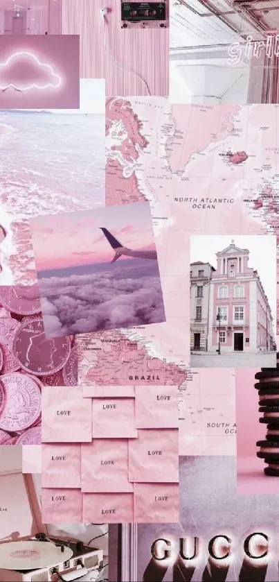 Pink aesthetic collage with cloud, maps, and fashion elements.