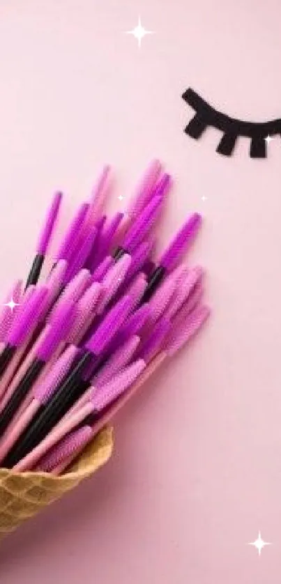 Pink cone filled with purple mascara brushes on a soft pink background.