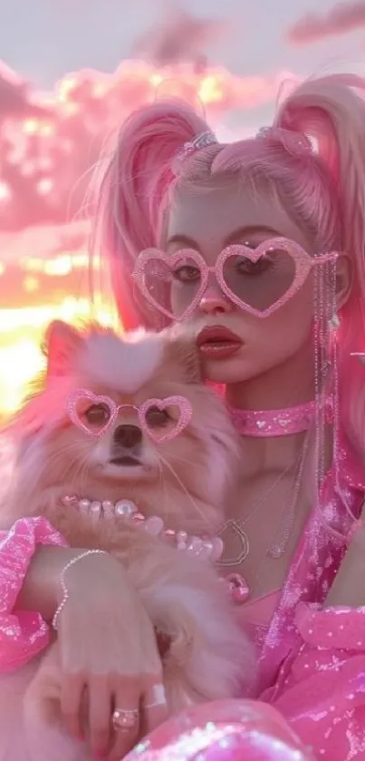 Girl and dog in pink heart sunglasses under a pink sunset sky.