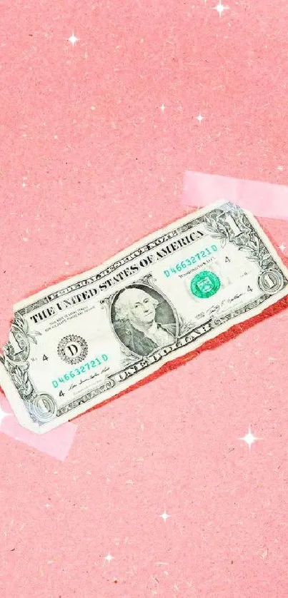 Pink background with a taped dollar bill.