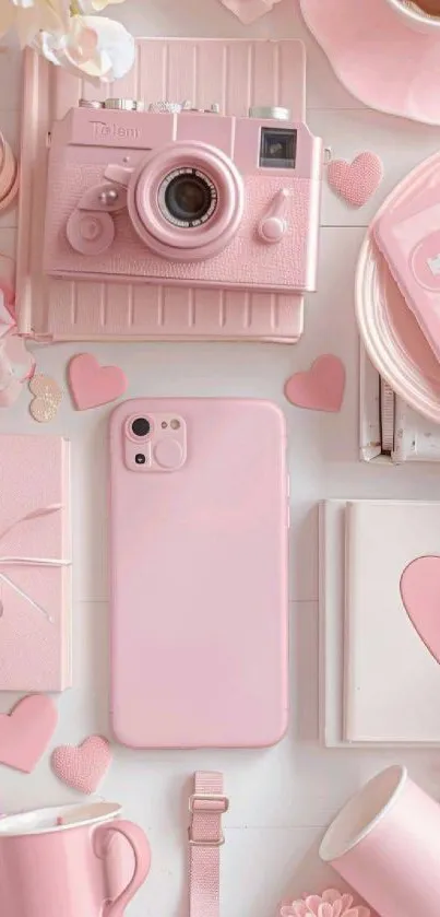 Pink aesthetic flatlay with phone, camera, and flowers.