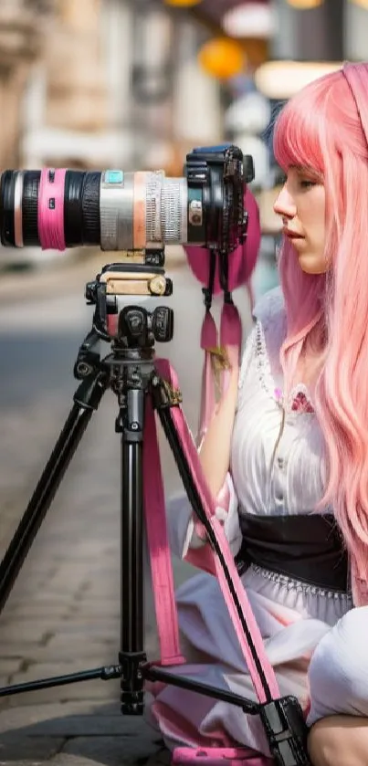 Female photographer with pink hair, stylish camera and tripod in urban setting.