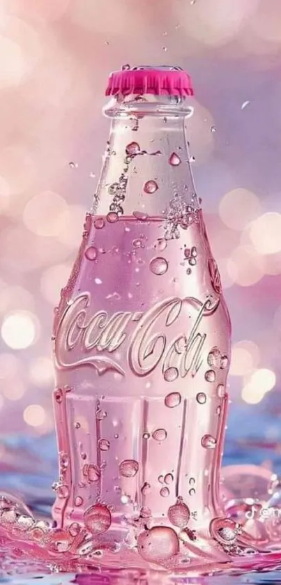 Pink Coca-Cola bottle with splashes and bubbles.