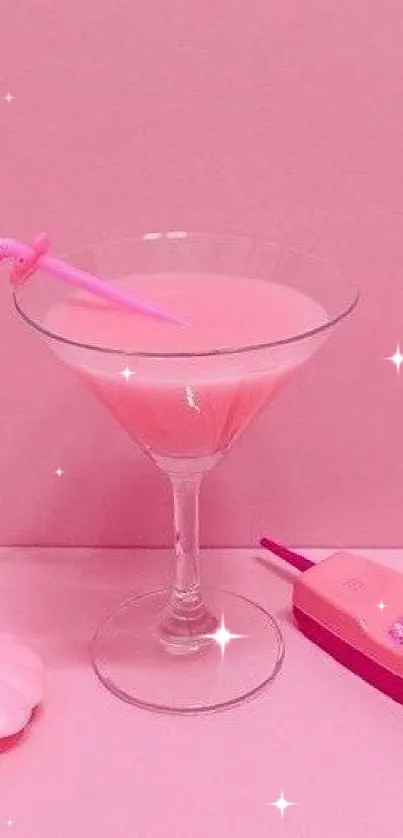 Pink vintage phone with cocktail aesthetic wallpaper.