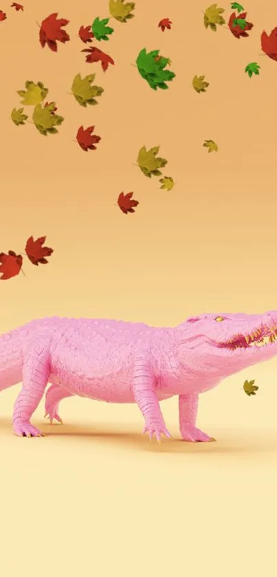 Pink alligator on pastel peach background, creating a vibrant and artistic look.