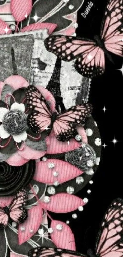 Pink and black butterfly with floral design wallpaper.