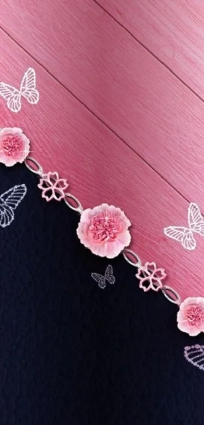 Pink and black floral wallpaper with butterflies.