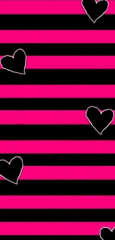 Pink and black striped wallpaper with heart outlines.